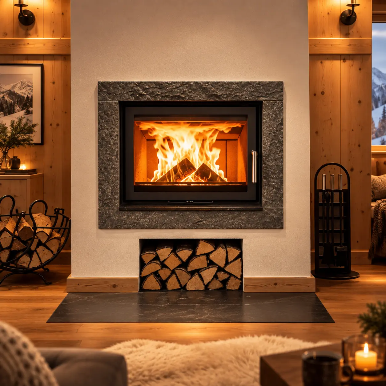 Cheminée à bois dans un intérieur chaleureux